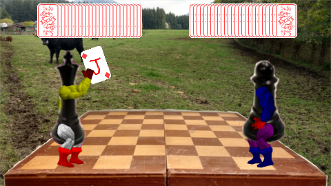 two chess bros playing a game of cards on a farm